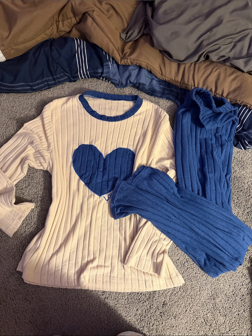 Women’s Two-Piece Cream and Blue Heart Pajama Set